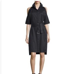DKNY Black Cold Shoulder Cotton Shirt Dress With Belt, Size L